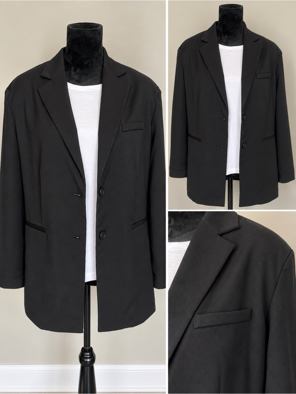 H&M Black Longline Tailored Blazer Jacket Women’s Size S Two Button